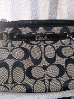 Coach Black and Beige Signature Canvas Shoulder Bag